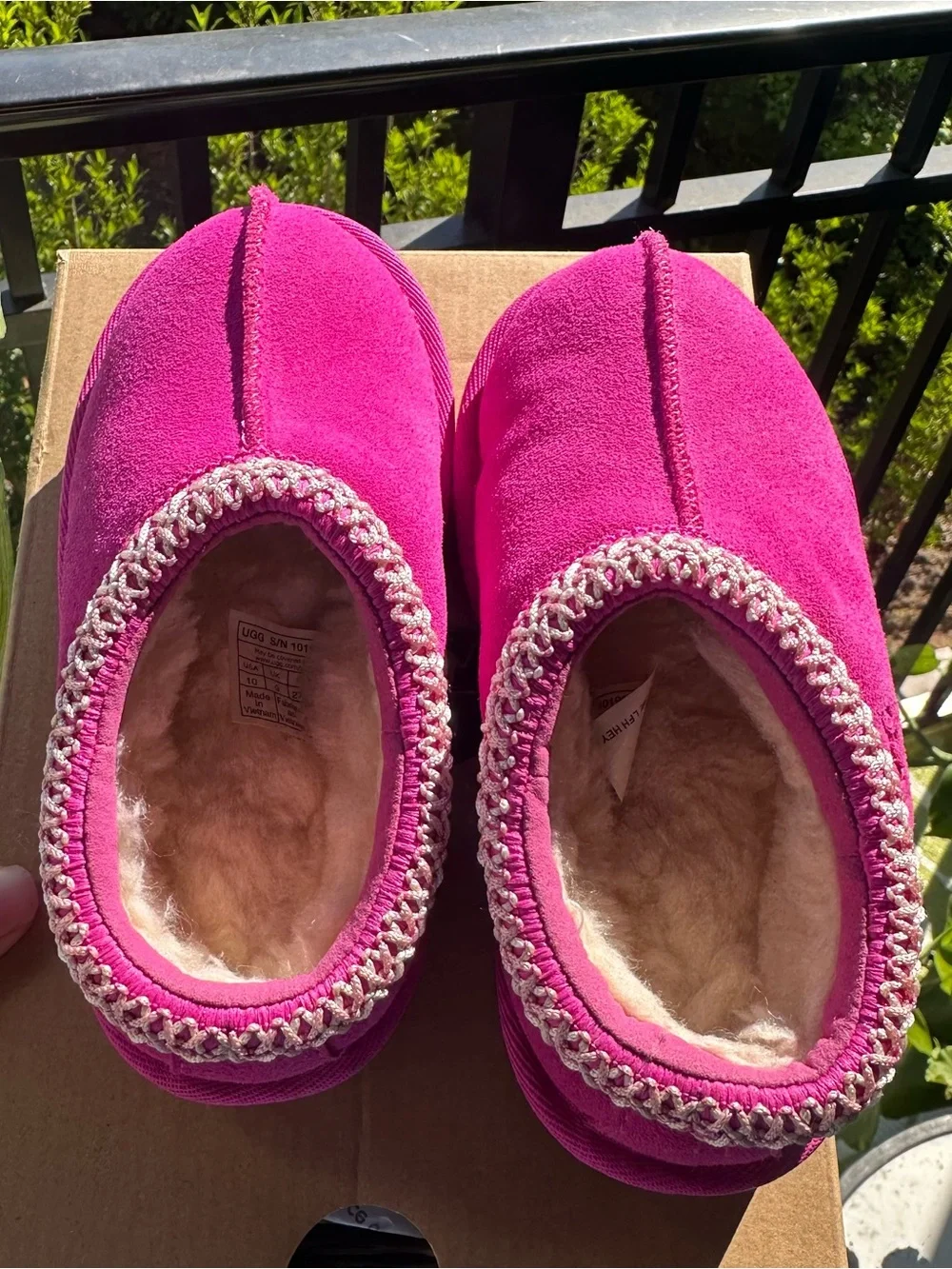 UGG Kids Bright Pink Suede Slip-On Slippers with Braided Trim